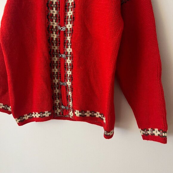 Vintage 1980s Dirdalstrikk of Norway Red Wool Cardigan Sweater EU Size 46 - Picture 2 of 10